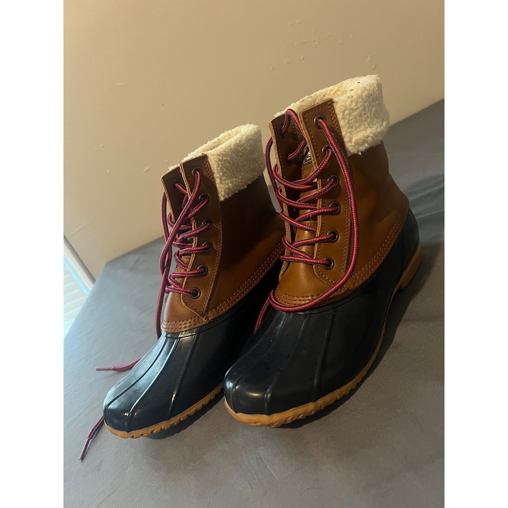 GH Bass Harlequin Winter Duck Boots Womens 9 Brown Navy Fleece Lined Sherpa Trim